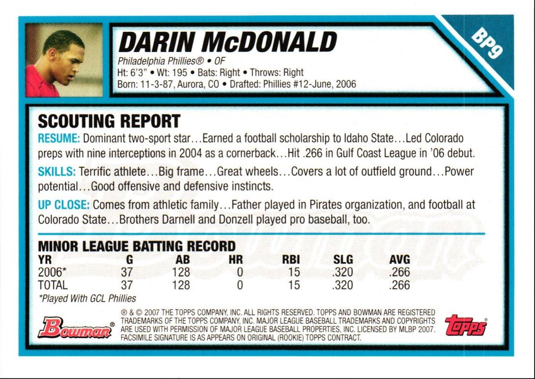 2007 Bowman Prospects Darin McDonald