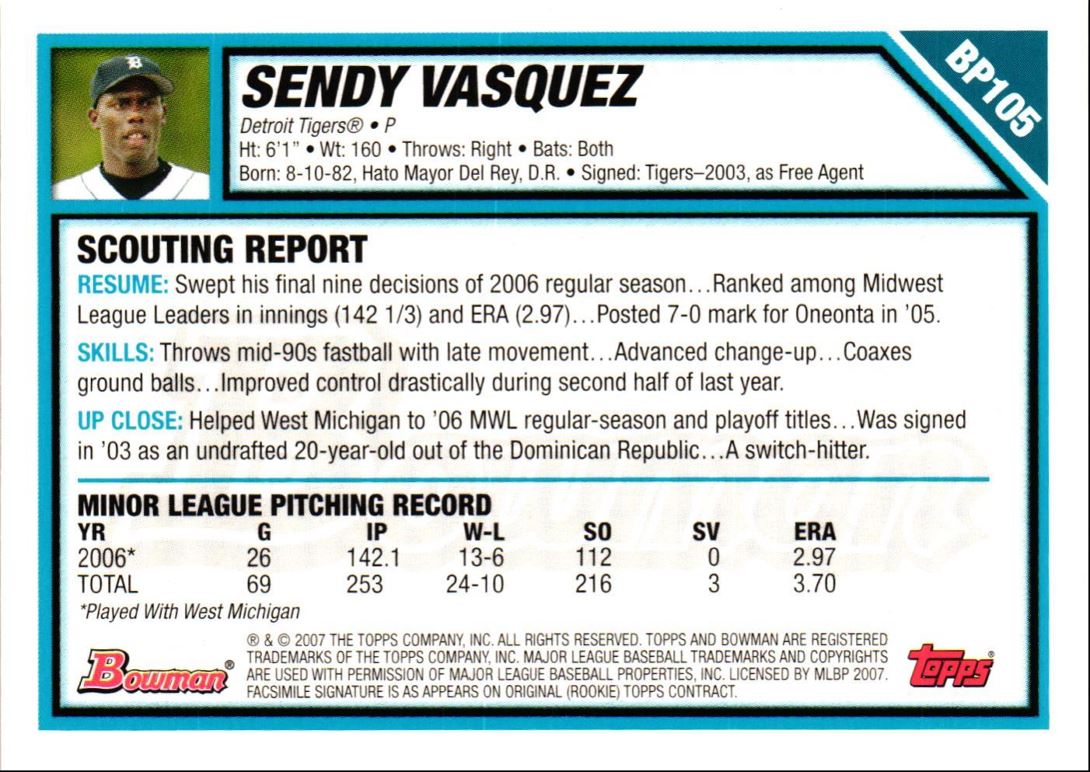 2007 Bowman Prospects Gold Sendy Vasquez