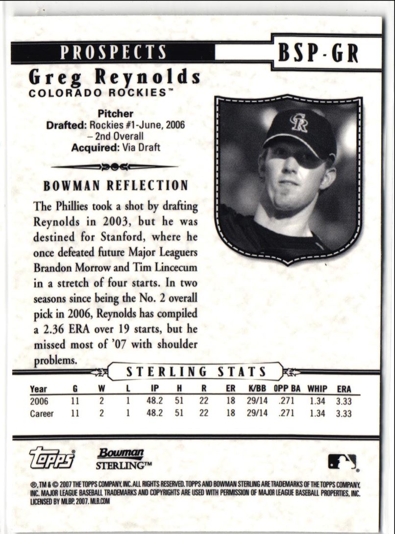 2007 Bowman Sterling Prospects Greg Reynolds