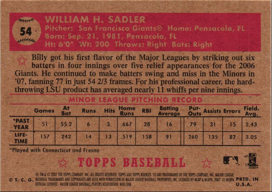 2007 Topps Rookie 1952 Edition Billy Sadler