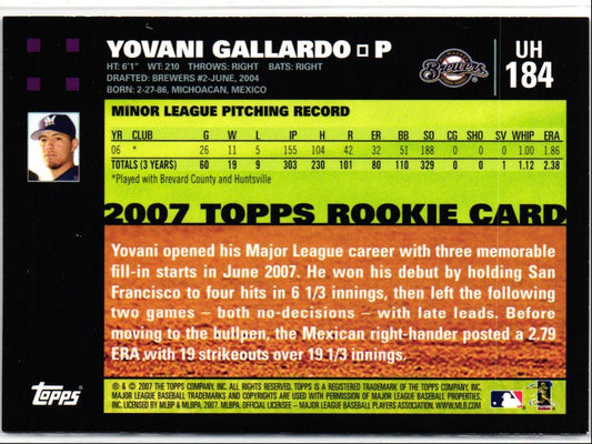 2007 Topps Updates & Highlights Yovani Gallardo