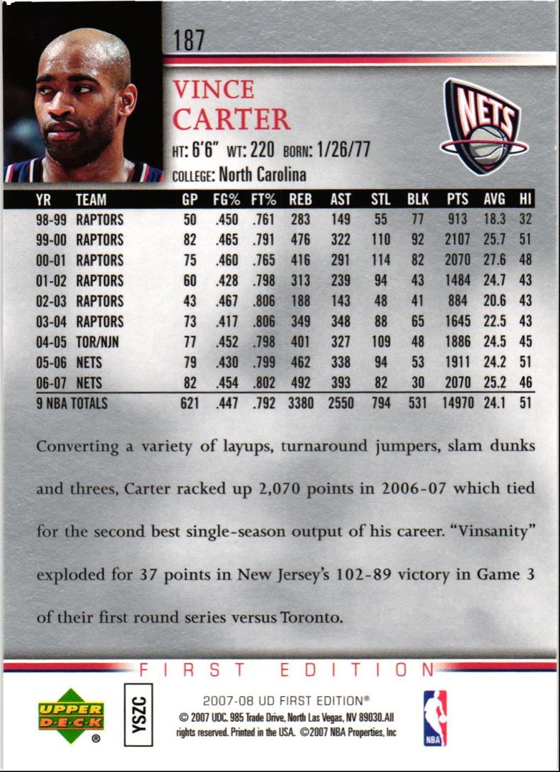 2007 Upper Deck First Edition Vince Carter