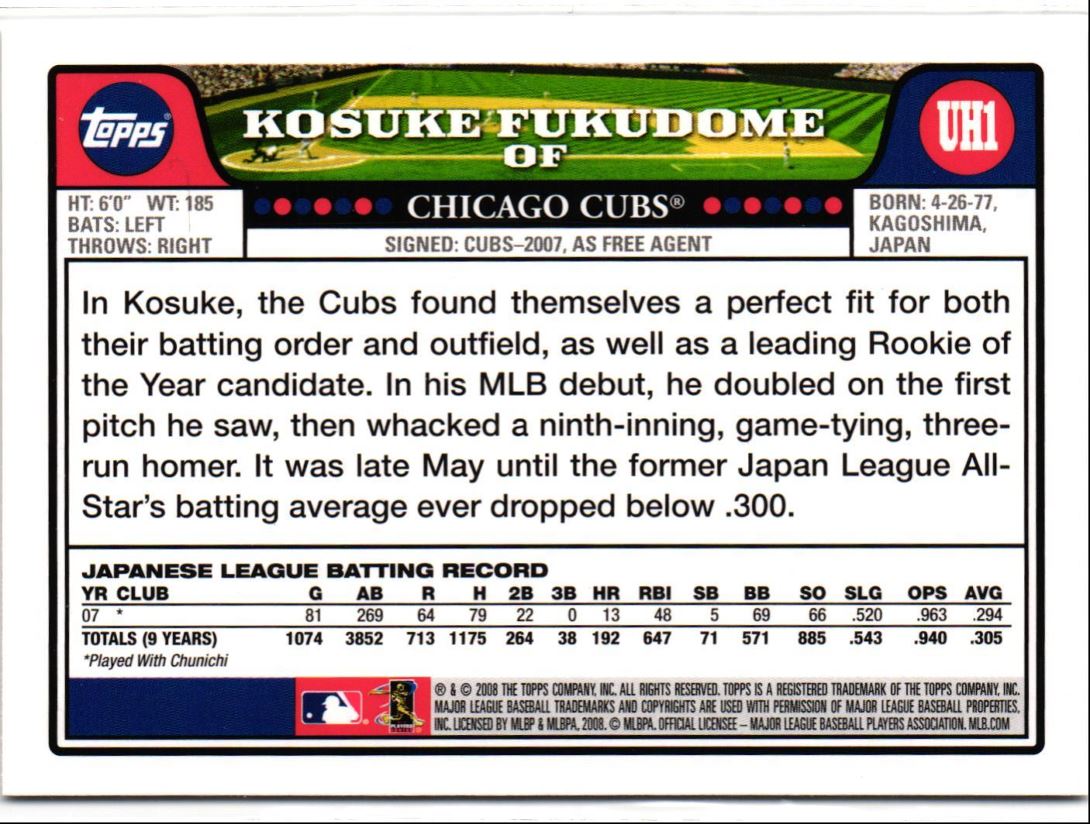 2008 Topps Updates & Highlights Gold Foil Kosuke Fukudome