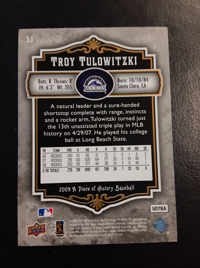 2008 Upper Deck A Piece of History Troy Tulowitzki