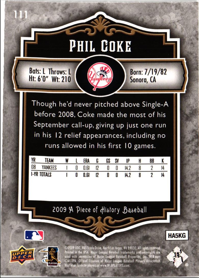 2009 Upper Deck A Piece of History Phil Coke