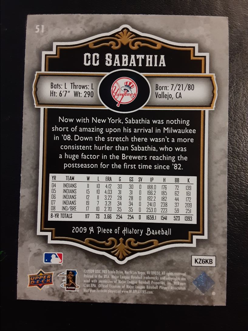 2009 Upper Deck A Piece of History CC Sabathia