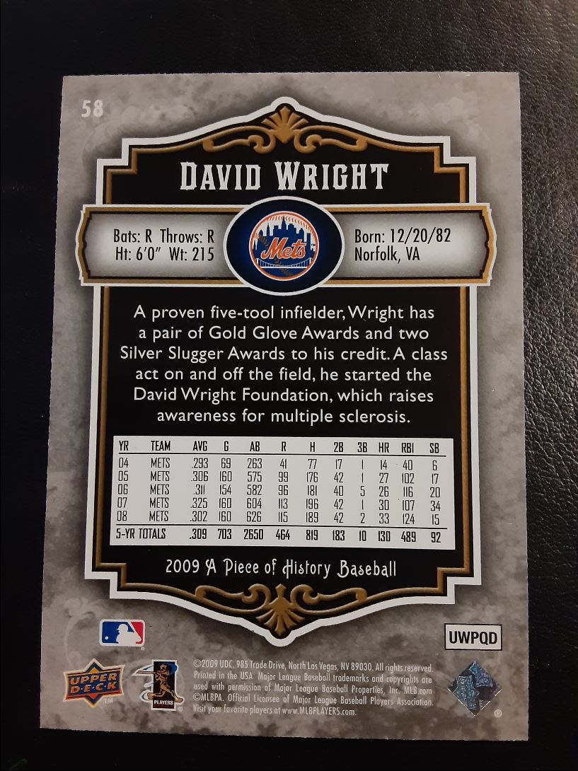 2009 Upper Deck A Piece of History David Wright