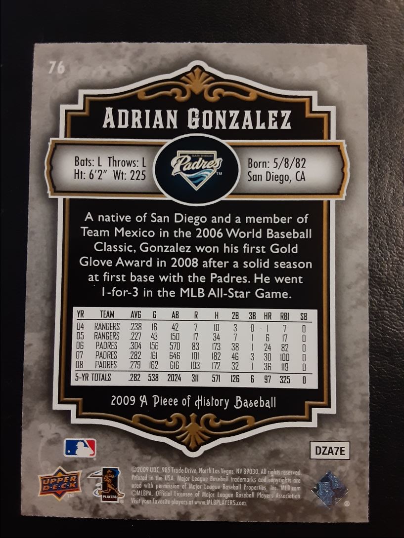 2009 Upper Deck A Piece of History Adrian Gonzalez