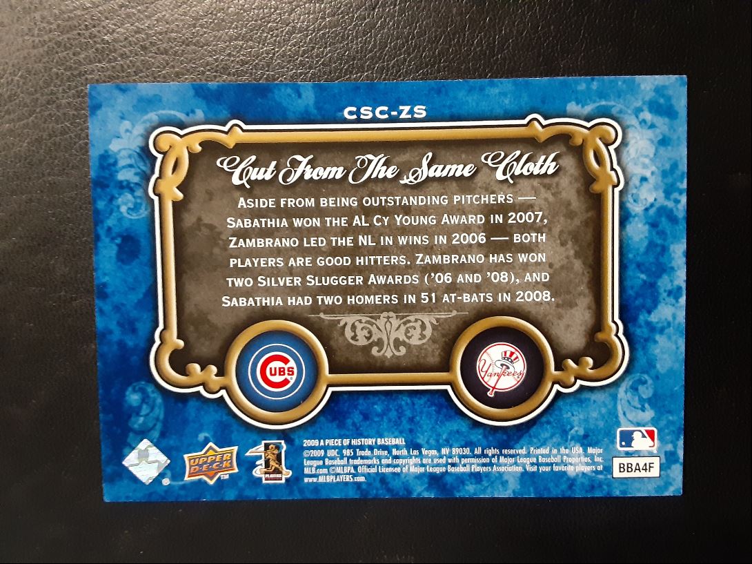 2009 Upper Deck A Piece of History Cut From the Same Cloth Carlos Zambrano / CC Sabathia