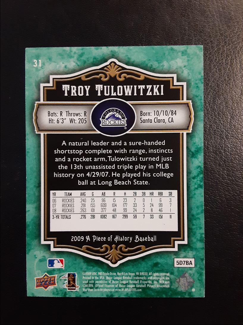 2009 Upper Deck A Piece of History Green Troy Tulowitzki