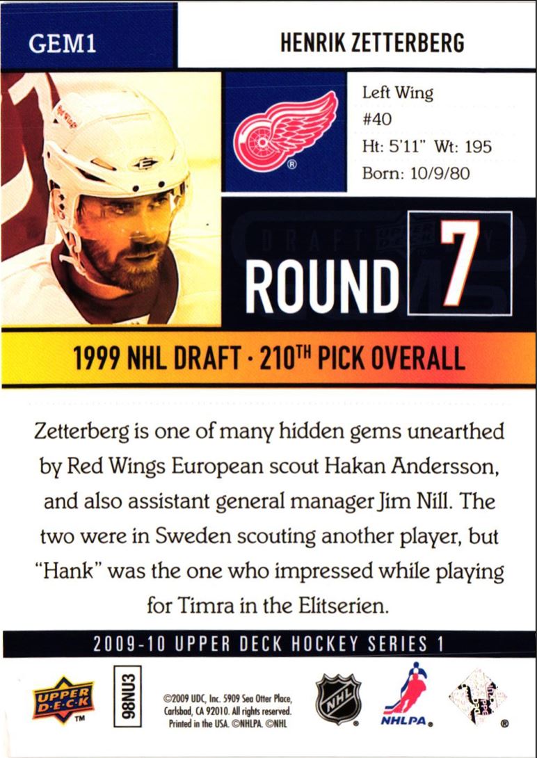 2009 Upper Deck Draft Day Gems Henrik Zetterberg