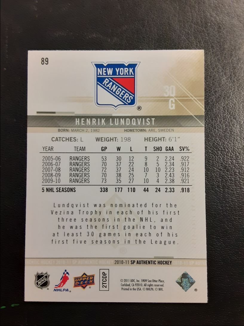 2010 SP Authentic Henrik Lundqvist