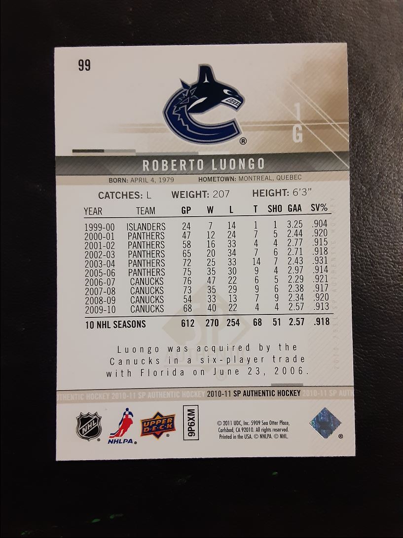 2010 SP Authentic Roberto Luongo