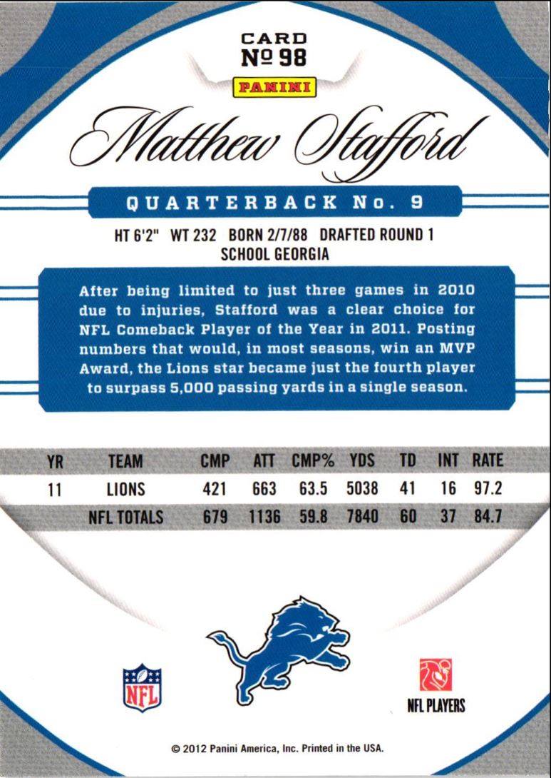 2012 Panini Certified Matthew Stafford