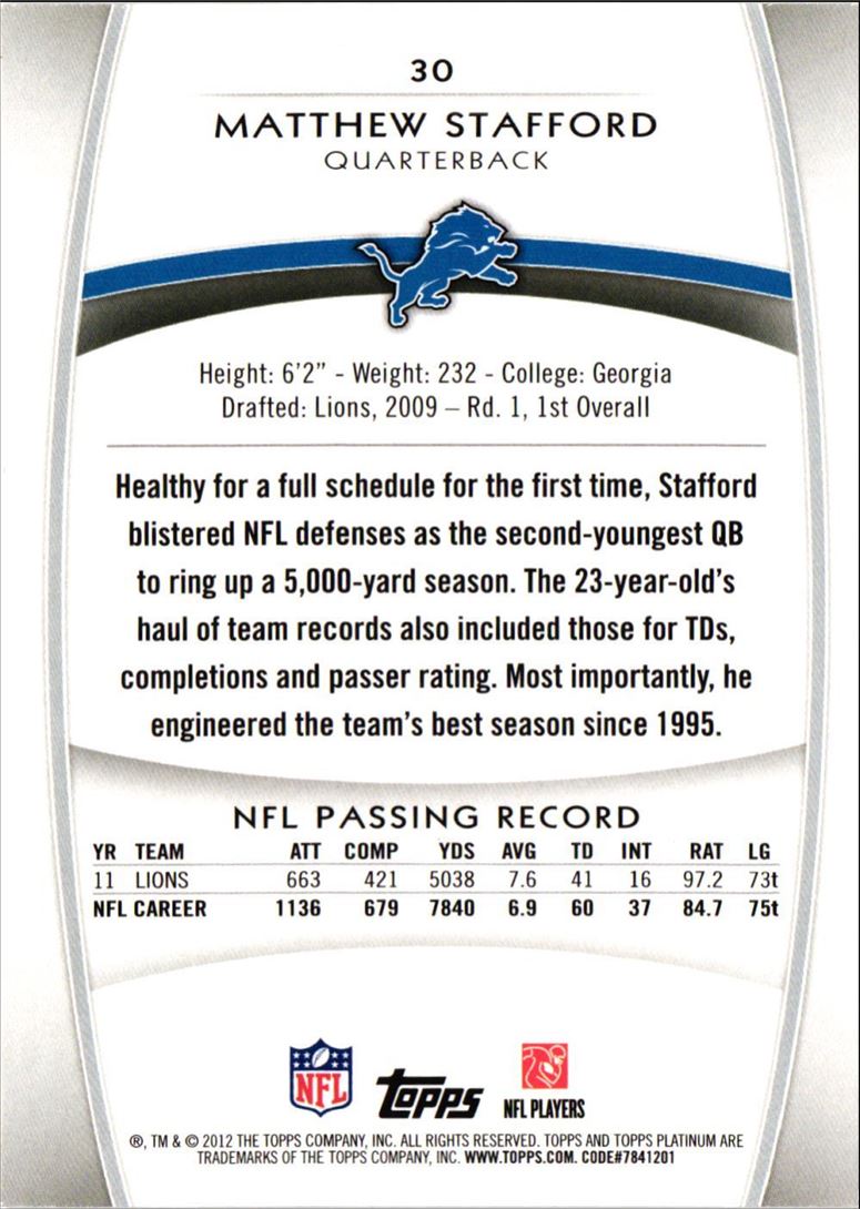 2012 Topps Platinum Matthew Stafford