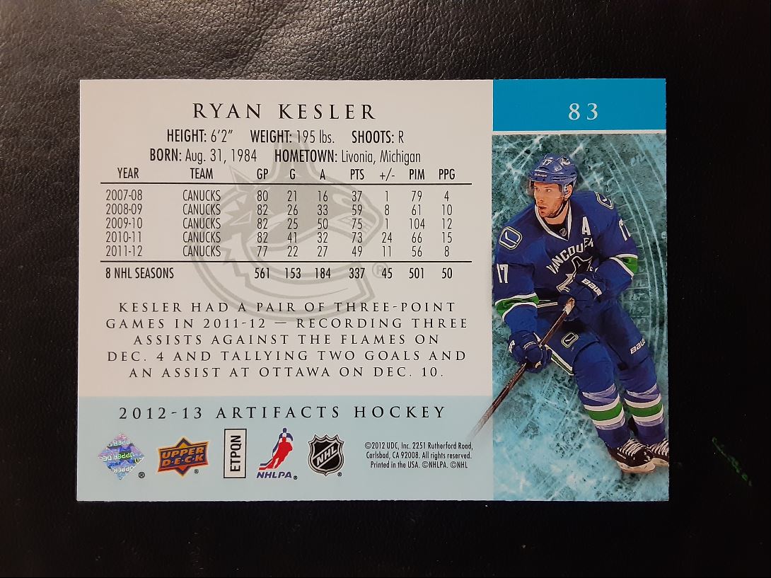 2012 Upper Deck Artifacts Ryan Kesler