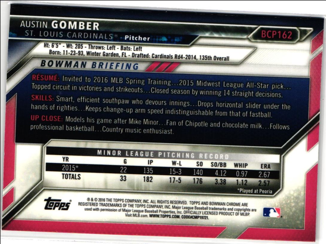 2016 Bowman Chrome Prospects Austin Gomber