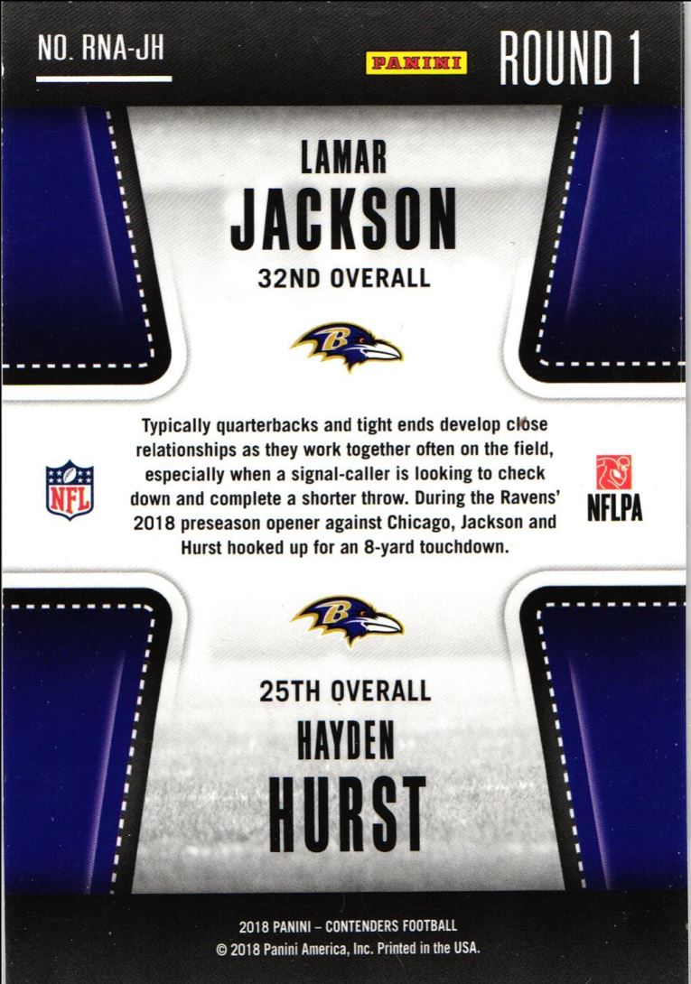 2018 Panini Contenders Round Numbers Round ! Lamar Jackson/Hayden Hurst Round Numbers Round 1