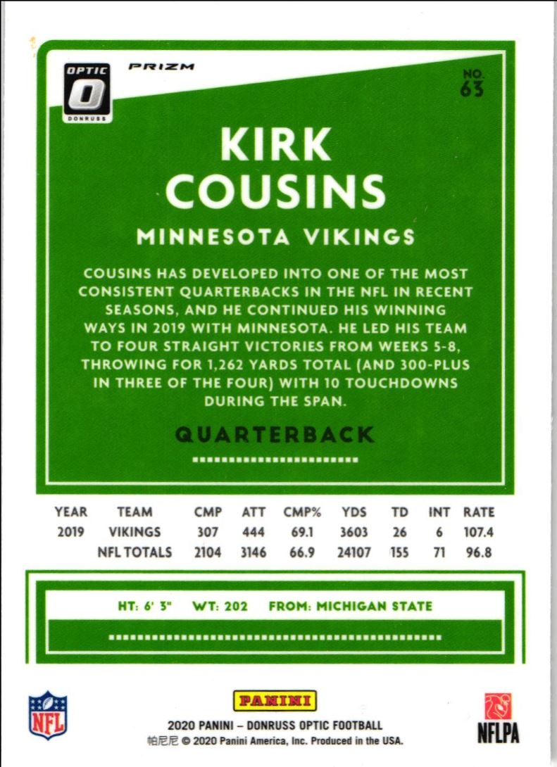 2019 Donruss Optic Silver Prizm Kirk Cousins