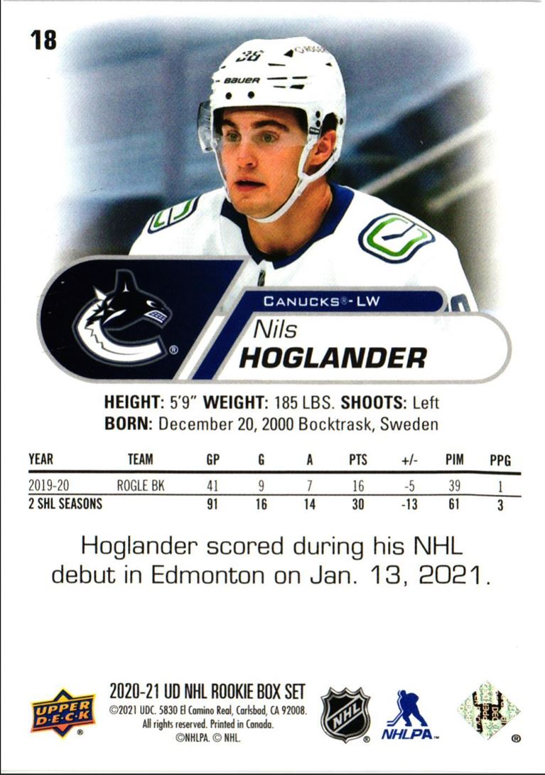 2020 Upper Deck NHL Star Rookies Box Set Nils Hoglander