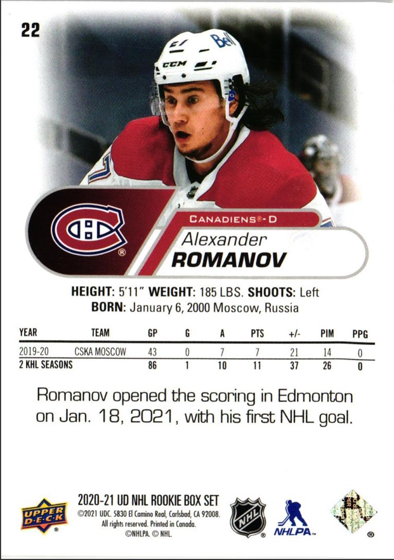 2020 Upper Deck NHL Star Rookies Box Set Alexander Romanov