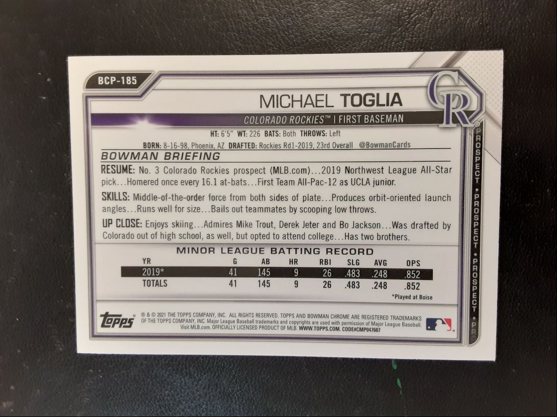 2021 Bowman Chrome Prospects Michael Toglia