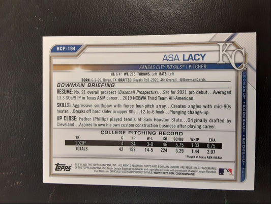 2021 Bowman Chrome Prospects Asa Lacy