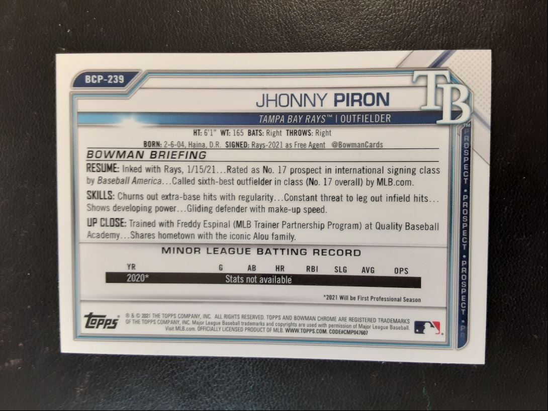 2021 Bowman Chrome Prospects Jhonny Piron