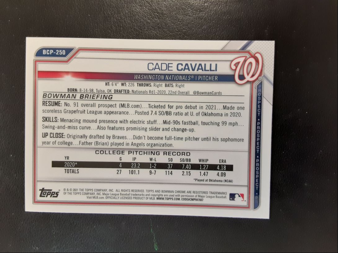 2021 Bowman Chrome Prospects Cade Cavalli