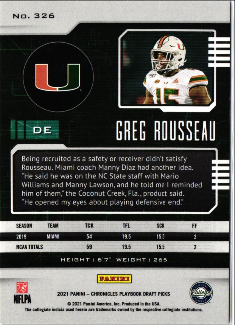 2021 Panini Chronicles Playbook Draft Picks Greg Rousseau