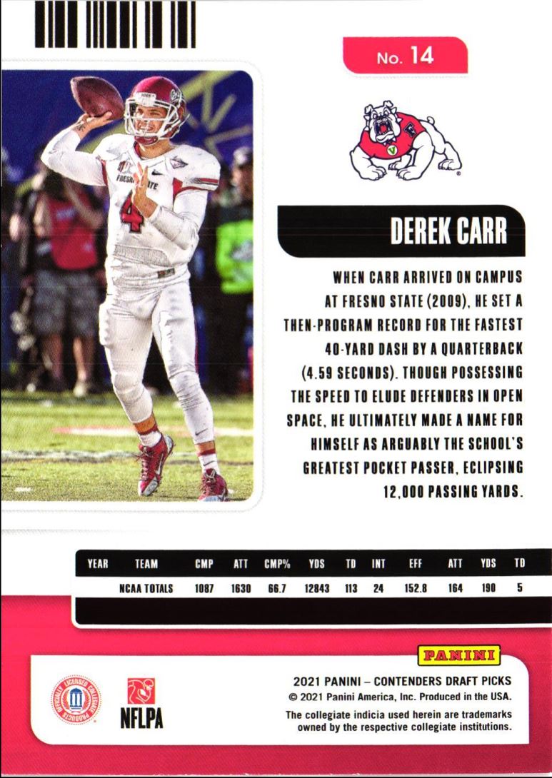 2021 Panini Contenders Draft Picks Derek Carr