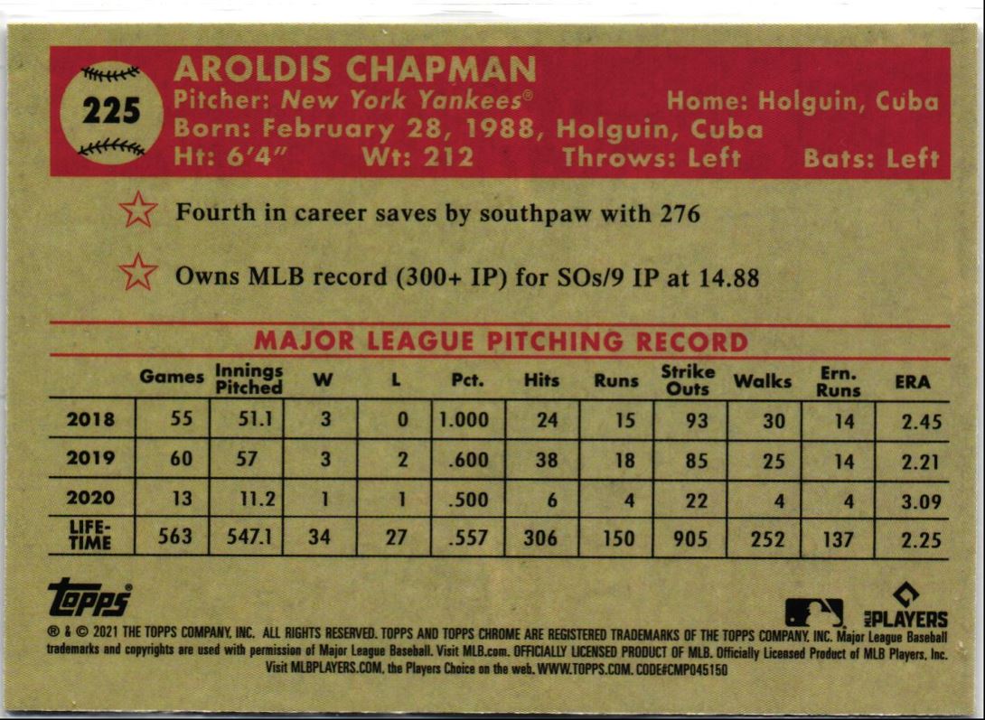 2021 Topps Chrome Platinum Anniversary Aroldis Chapman