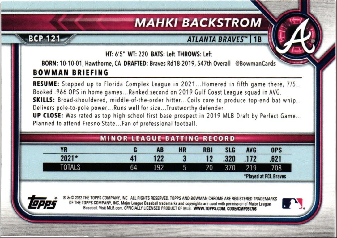 2022 Bowman Chrome Prospects Mahki Backstrom